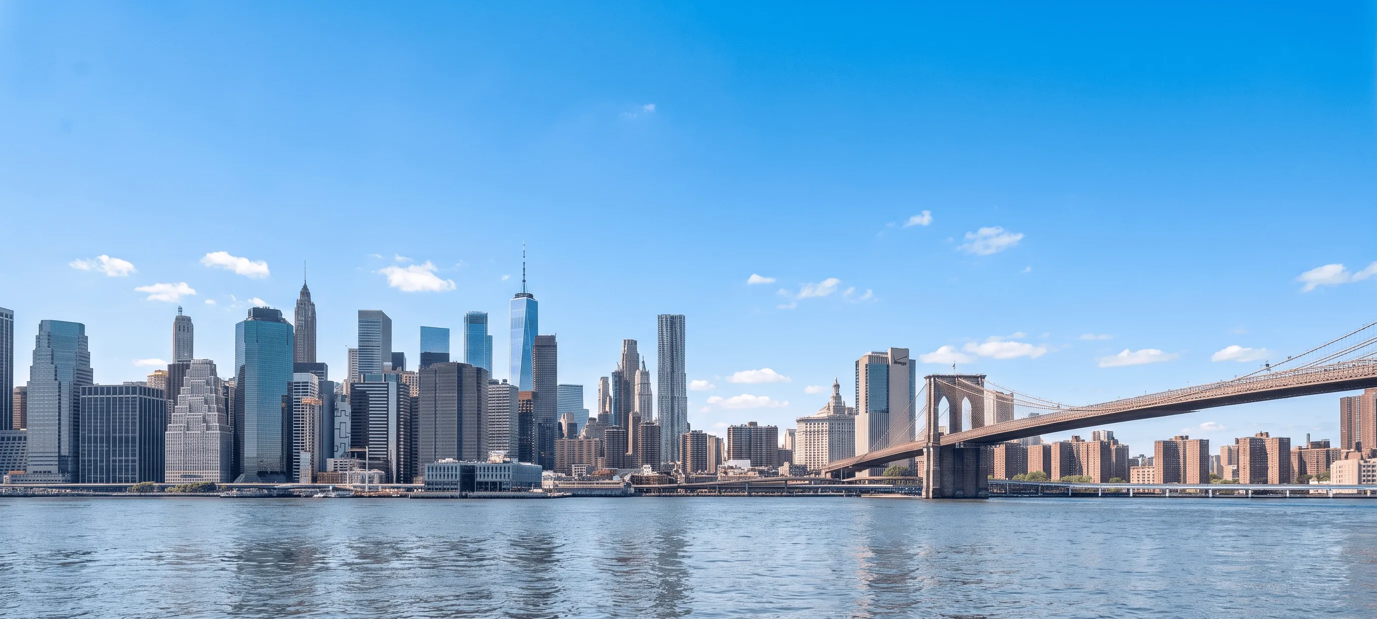 The Lower Manhattan skyline and the Brooklyn Bridge across the East River
